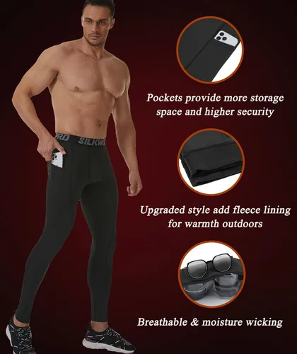 Miniatura 18 de SILKWORLD Paquete de 1 a 3 pantalones de compresión para hombre, con bolsillos, leggings de gimnasio y secado fresco