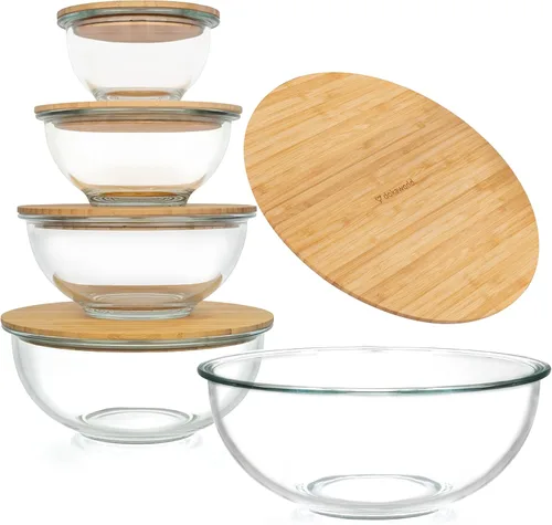 Juego apilable de 5 cuencos de vidrio anidados para ahorrar espacio con tapas de bambú para preparación de alimentos, almacenamiento, horneado,