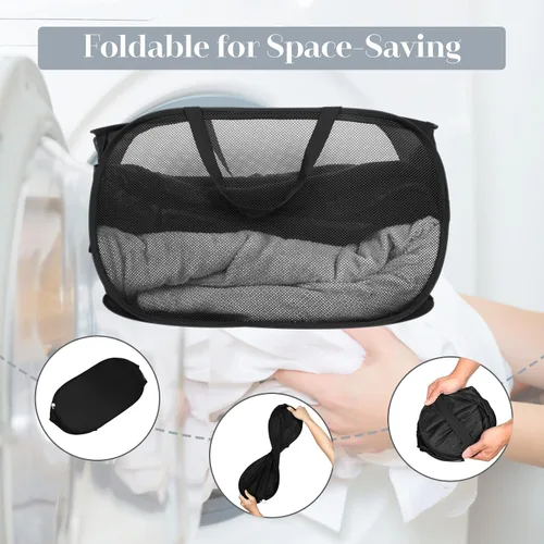 Miniatura 6 de Cestas de lavandería plegables duraderas, cesta de lavandería desplegable de malla con bolsillo lateral, cesta de ropa plegable con asas de 2 x negro