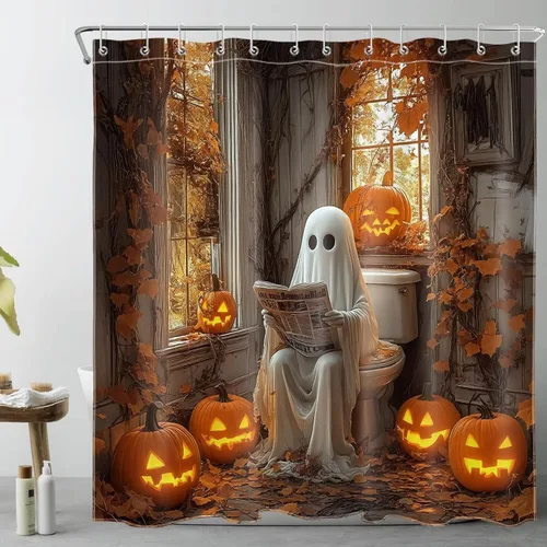 Miniatura 14 de LB Cortina de ducha de feliz Halloween para baño, flamenco rosa y calabaza naranja con sombrero mágico, cortina de ducha de tela con ganchos, juego