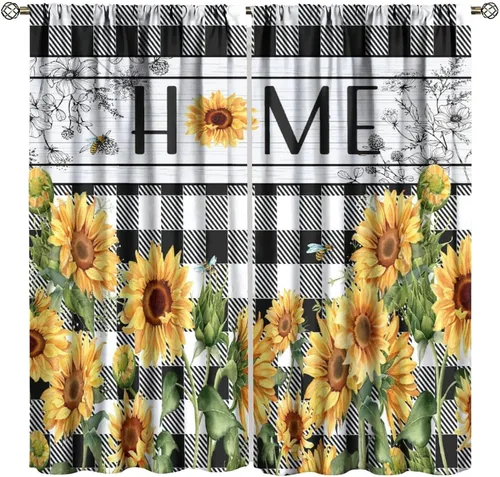 Miniatura 31 de Sunflower Curtains for Living Room Bedroom, Spring Nature Blue Sky and Butterfly Window Drapes, Rustic Wooden Fence Floral Botanical Decor, 2 Panels