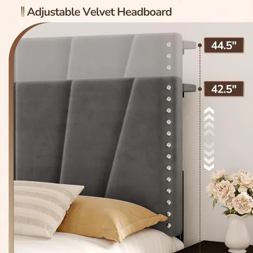 Miniatura 3 de EnHomee Marco de cama tamaño King, marco de cama de terciopelo con cabecero y luz LED, marco de cama de plataforma para dormitorio, apartamento, Gris