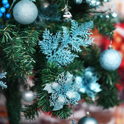 Miniatura 5 de Sratte 94 piezas de adornos para árbol de Navidad, adornos de bolas de Navidad con purpurina, flores de nochebuena, decoraciones con bayas Azul