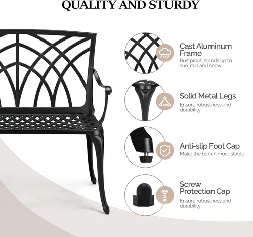 Miniatura 5 de VINGLI Banco de metal para exteriores de 38 pulgadas, banco de jardín de aluminio fundido, silla de orquídea con acabado antiguo resistente a