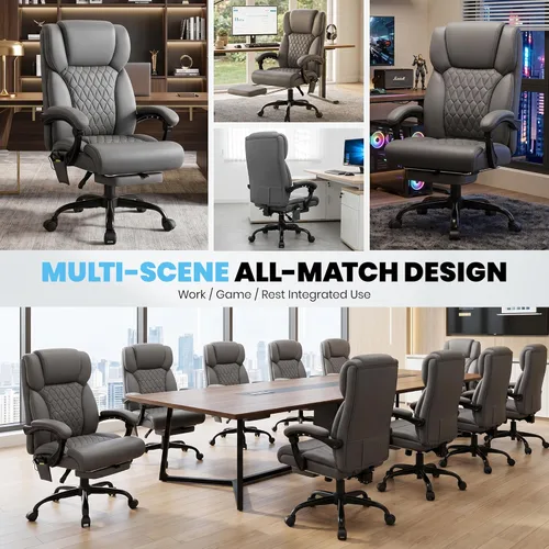 Miniatura 9 de Silla de oficina de masaje y calor con reposapiés, silla ejecutiva ergonómica reclinable de 90-160° para personas grandes y altas, 400 libras, Negro