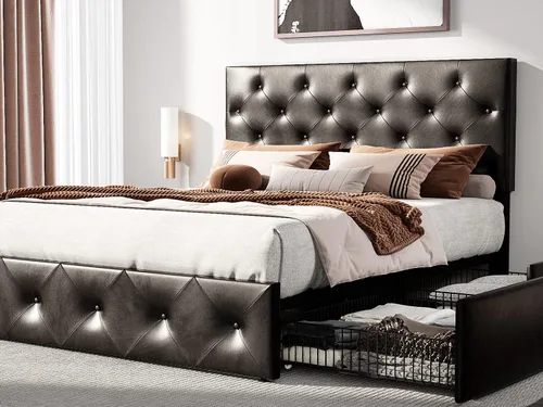 HOOMIC Base de cama de almacenamiento de plataforma de tamaño matrimonial con 4 cajones y cabecera ajustable, listones de madera, no necesita