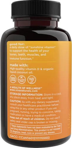 Miniatura 8 de Viva Naturals Vitamina D3 5000 UI, cápsulas blandas, 360 unidades (125 mcg), apoya la salud ósea e inmune, vitamina D de alta potencia