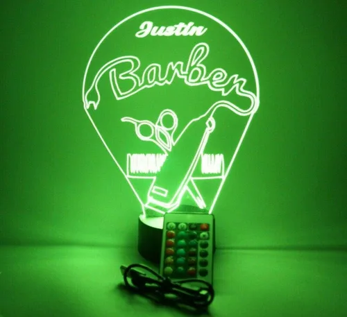 Miniatura 7 de Barbería peluquería corte peine silla tijeras afeitado hombres noche luz LED grabado personalizado nombre personalizado escritorio lámpara de mesa