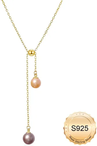 Trendlooks S925 Lariat Collar cultivado de agua dulce perlas moradas y rosas reales collares colgantes deslizantes Y-collar para mujer, Plata