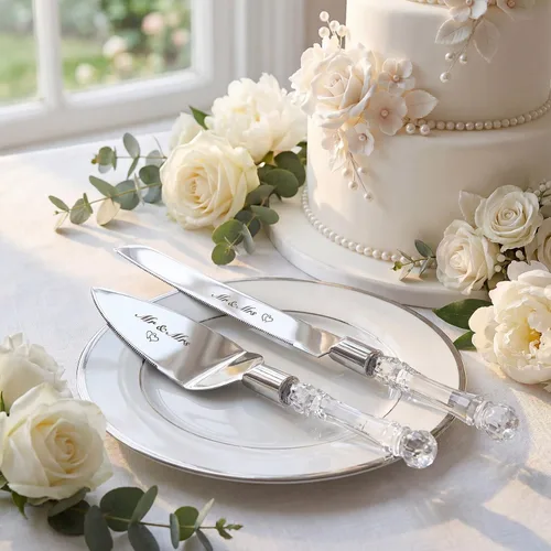 Miniatura 5 de AW BRIDAL Sr. Sra. Juego de cuchillo y espátula para pastel de boda, juego de corte de pastel plateado para boda, cortador de pasteles y servidor