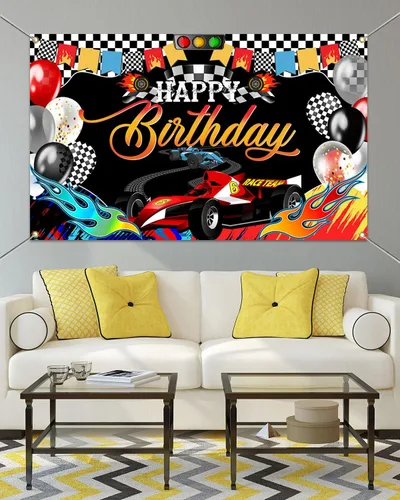 Miniatura 3 de Mocsicka Cartel de fondo de cumpleaños con temática de coche de carreras, decoración de fiesta de cumpleaños temática de carreras, suministros