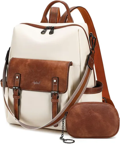 Miniatura 13 de AGLOD Mochila de cuero sintético para mujer, bolsos de viaje de moda para mujer, bolsos de viaje de trabajo de imitación, Beige- negro-marrón