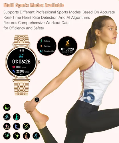 Miniatura 7 de Reloj para mujer, pantalla AMOLED HD de 1.25 pulgadas, reloj inteligente para mujer, rastreador de actividad física con monitor de frecuencia Dorado