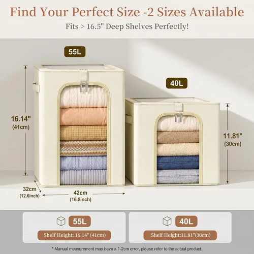 Miniatura 4 de GoMaihe Clothes Storage Bins with Metal Frame, 40L Sweater Storage Boxes for Above Shelf Closet, 4 Pack Stackable Clothing Storage Organizer with