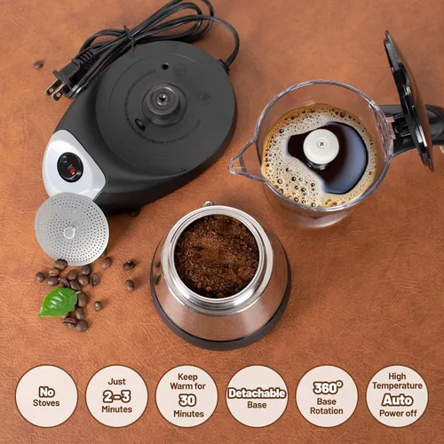 Miniatura 4 de Olla eléctrica Moka de 3 a 6 tazas de 5.1-10.1 fl oz de plástico transparente, cafetera portátil de acero inoxidable, cafetera italiana, máquina