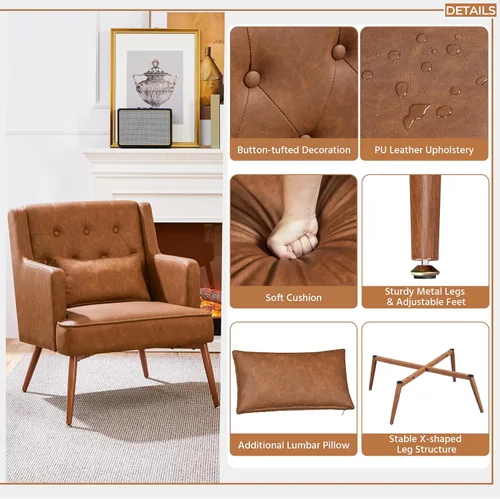 Miniatura 5 de Yaheetech - Silla decorativa de estilo Accent para sala de estar, silla moderna de mediados de siglo con cojín lumbar, cómoda silla tapizada