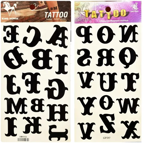 Tatuajes de 2 hojas de letras inglesas clásicas temporales tatuajes 3D falsos impermeables para hombres, mujeres y niñas, parte inferior de la