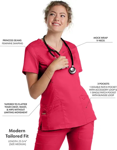 Miniatura 2 de Landau Proflex 4161 - Camiseta médica elástica con 3 bolsillos para mujer, Rojo True