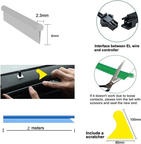 Miniatura 4 de Tira de luces LED de cable electroluminiscente azul para interior de automóvil, 6.5 pies de cable de neón con controlador USB de 5 voltios