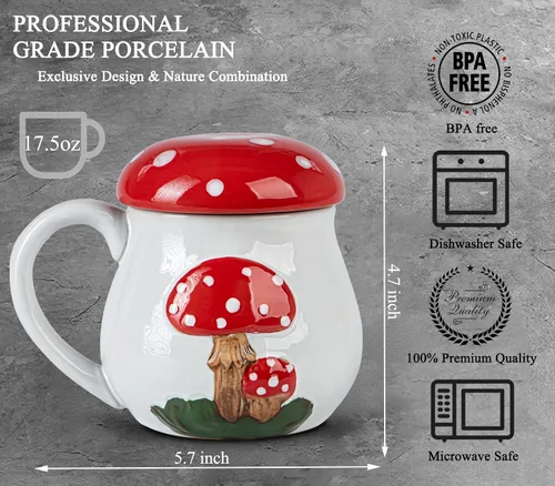 Miniatura 4 de Bonita taza de hongo con tapa, taza grande de cerámica para café y té, regalo divertido para mujeres