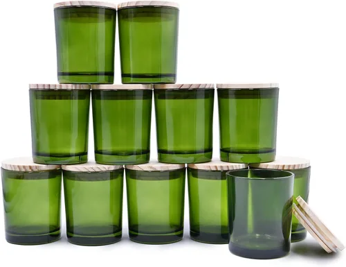 Miniatura 34 de SHOWIN Tarros de vela gruesos de 14 OZ para hacer velas 12 Piezas, tarros vacíos de 3 mechas con tapas de madera para hacer velas, recipiente