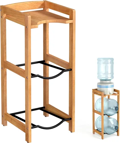 Soporte para jarra de agua de 5 galones con estantes superiores, soporte dispensador de agua de madera maciza natural de 31 pulgadas de alto, Color