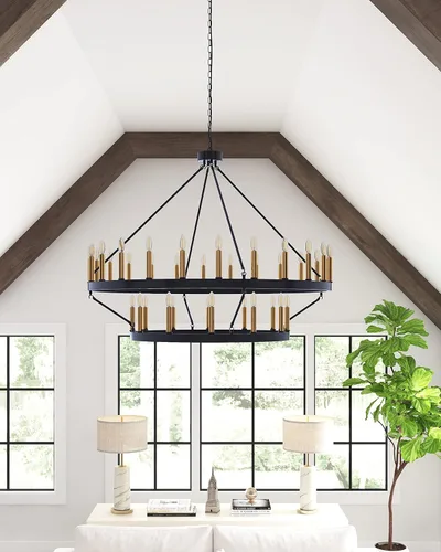 Miniatura 3 de yzzy Candelabro de 36 luces estilo vela de 2 niveles estilo vela colgante de 47 pulgadas, candelabros de hierro forjado para sala de estar, pasillo