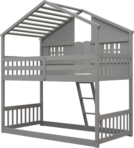 Miniatura 9 de Litera para niños con apariencia en forma de casa, litera de tamaño individual con techo y 2 ventanas, literas de piso de madera maciza para niños