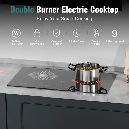 Miniatura 4 de Estufa eléctrica de 2 quemadores 2000W Hobsir, cocina eléctrica enchufable 110v, estufa eléctrica de 24 pulgadas de ancho, 9 niveles de potencia