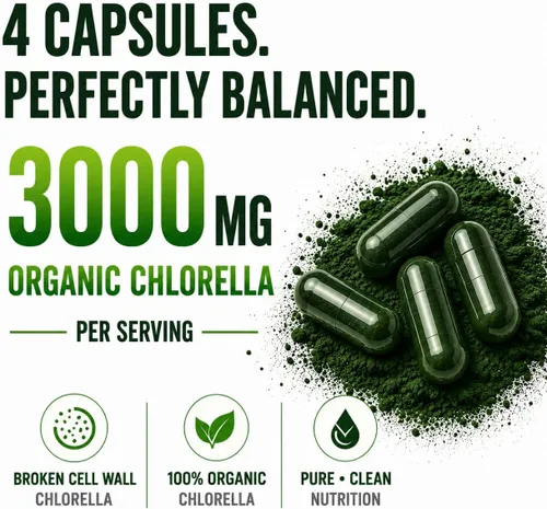Miniatura 5 de Chlorella Cápsulas 3000 mg – Pared celular agrietada suplemento de algas verdes azules – La mejor limpieza natural de desintoxicación – Vitaminas