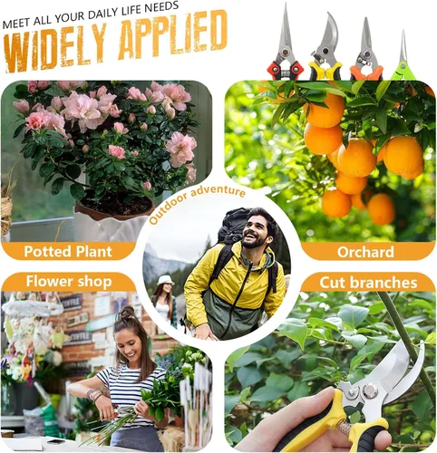 Miniatura 7 de Paquete de 4 tijeras de podar de jardín de acero inoxidable, tijeras de mano para recortar jardín con tijeras afiladas, herramientas de jardinería