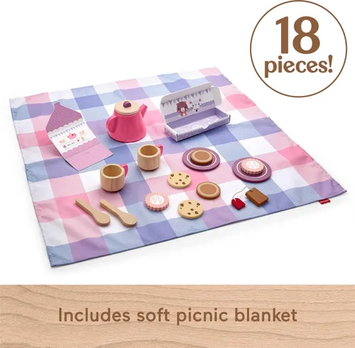 Miniatura 4 de Fisher-Price Juego de té de pícnic, 18 piezas con manta, platillos de madera y comida para niños preescolares a partir de 3 años