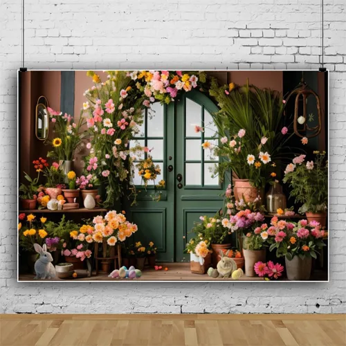 Miniatura 2 de YongFoto Telón de fondo de Pascua de 5 x 3 pies, huevos de conejito de Pascua, flores verdes para puerta, arco, resurrección, domingo, gran día