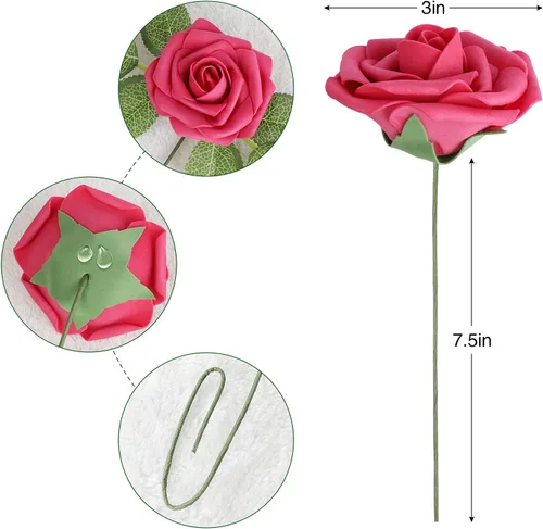Miniatura 2 de AmyHomie Serie de rosas artificiales de color rojo, 25 unidades, rosas falsas de aspecto real con tallo para ramos de boda, centros de mesa, Seriesa
