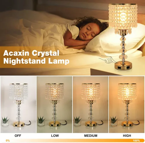Miniatura 2 de Lámpara de mesa de cristal con control táctil, regulable de 3 vías, lámpara pequeña para mesita de noche con 2 puertos de carga USB, lámpara de mesa