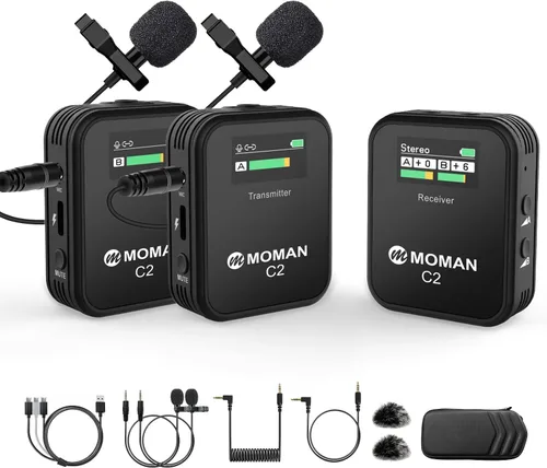 Miniatura 7 de Moman Micrófono de solapa inalámbrico, sistema de micrófono de solapa inalámbrico compacto de 2.4 GHz con transmisión de cancelación de ruido