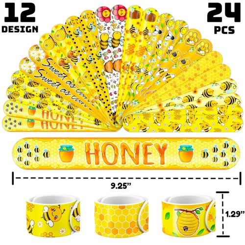 Miniatura 3 de Juego de 72 piezas para fiesta de abejas, 48 tatuajes temporales y 24 pulseras de bofetada, suministros de cumpleaños con temática de abejorro
