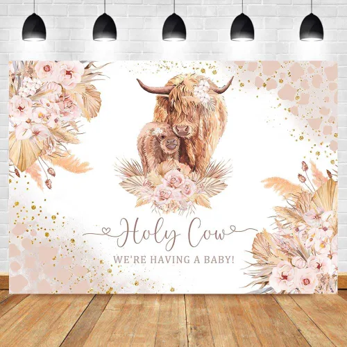 Miniatura 5 de Fondo bohemio de vaca santa para baby shower, vaca de las tierras altas, con texto en inglés "We are Having A Baby", diseño floral bohemio de hierba