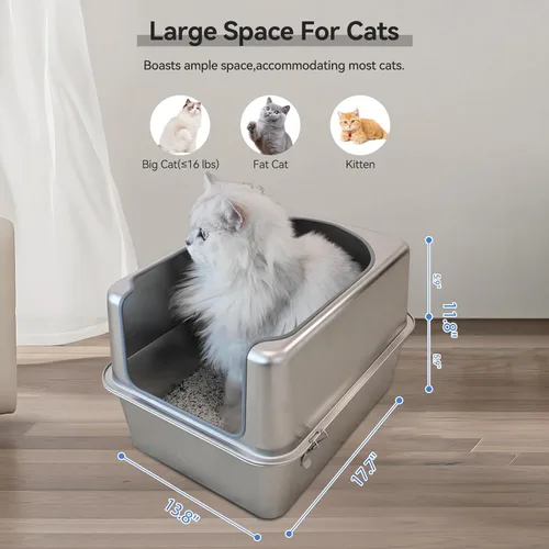 Miniatura 3 de Caja de arena de acero inoxidable con tapa de metal y pala - Caja de arena de metal cerrada para gatos grandes, resistente al óxido, control
