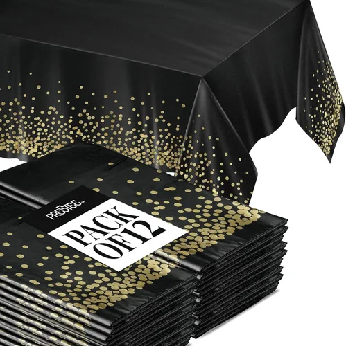 Miniatura 14 de Prestee Paquete de 4 manteles rectangulares dorados y negros de 54 x 108 pulgadas, manteles de plástico desechables para fiestas, comedor y eventos
