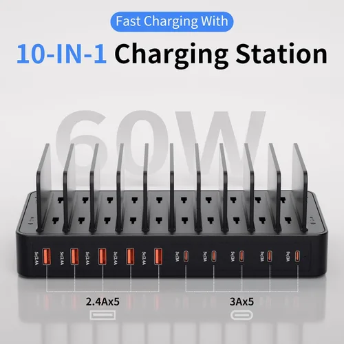 Miniatura 2 de Estación de carga de 60 W para múltiples dispositivos, estación de carga rápida USB de 10 puertos con divisores ajustables, base de carga