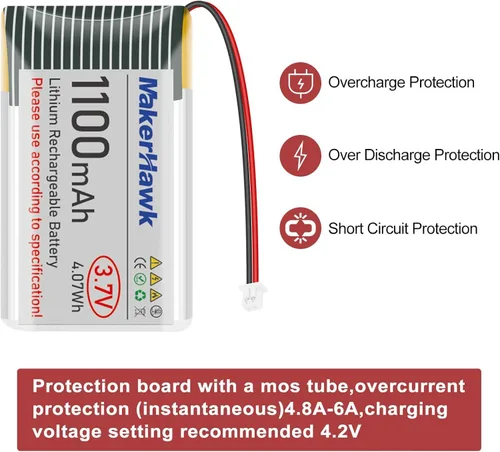 Miniatura 6 de MakerHawk Batería LiPo de 3.7 V 1100 mAh 102540 recargable 1S batería de polímero de litio con placa de protección, cinta de goma aislada, enchufe