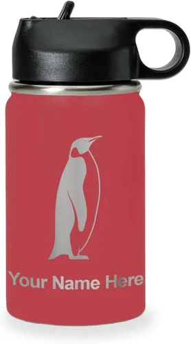 Miniatura 27 de LaserGram Botella de agua personalizada, pingüino, acero inoxidable de doble pared aislada al vacío con popote superior, regalo grabado