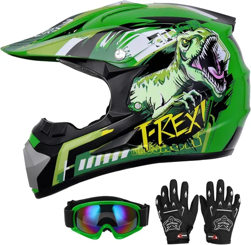 Oumurs DOT Casco de Dirt Bike Juvenil con Gafas y Guantes para 5-14 Años, Cascos ATV para Niños y Niñas, Casco de Cuatro Ruedas, Motocross BMX MX