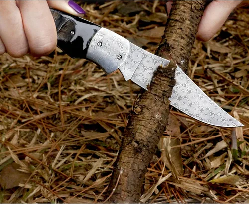 Miniatura 6 de YOUSUNLONG Navaja de bolsillo – Cuchillo plegable – Total 8.071 in – Hoja de acero de Damasco japonés – Mango de cuerno de búfalo negro natural