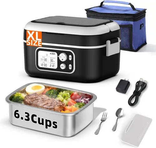 Fiambrera eléctrica inalámbrica para adultos, XL 6.3 tazas 24000 mAh recargable alimentada por batería inteligente para hombres y mujeres, Negro