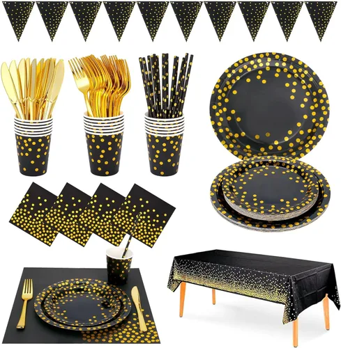 Sylken Juego de vajilla de fiesta de 186 piezas en negro y dorado - 25 invitados, platos de papel, servilletas, vasos de papel y vajilla para
