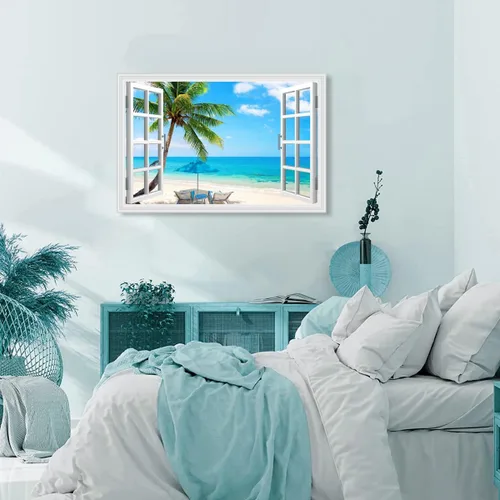 Miniatura 3 de Woxfcart Arte de pared de palmera de playa, imagen de escena del océano con impresiones de ventana para decoración de sala de estar azul y verde