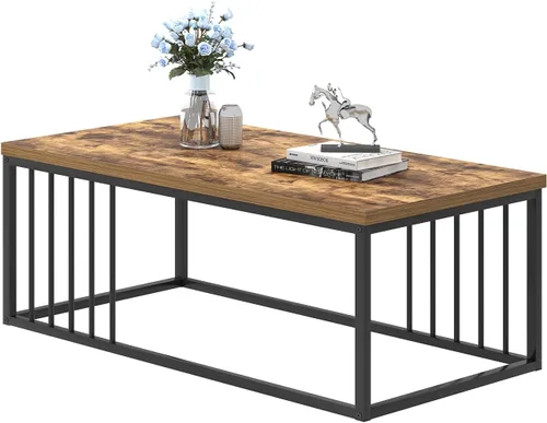 Miniatura 8 de FOLUBAN Mesa de café, moderna mesa de sala de estar de madera y metal, mesa de té rectangular industrial, marrón rústico, 43.3 pulgadas