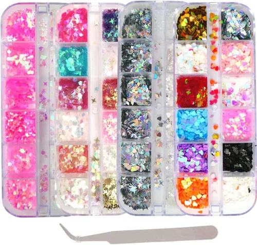 Miniatura 8 de AddFavor Kit de 4 cajas de lentejuelas con purpurina para uñas, formas mixtas, mariposa holográfica, flor, corazón redondo, copos de arte de uñas